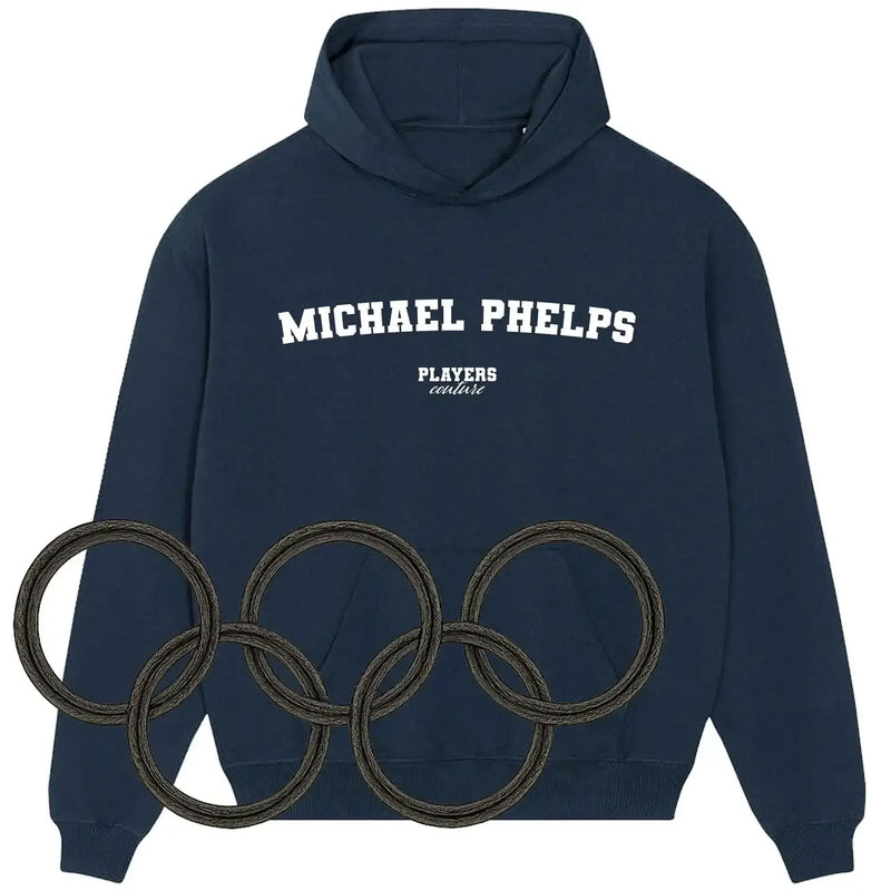 Navy Players Couture hoodie with Michael Phelps text and intertwined rings graphic