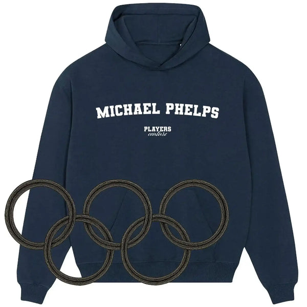 Navy hoodie with 'Michael Phelps' and 'Players Couture' text, Olympic rings graphic