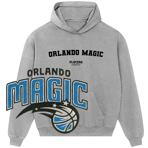 Orlando Magic gray hoodie by Players Couture with large team logo and stylish sports fanwear design.