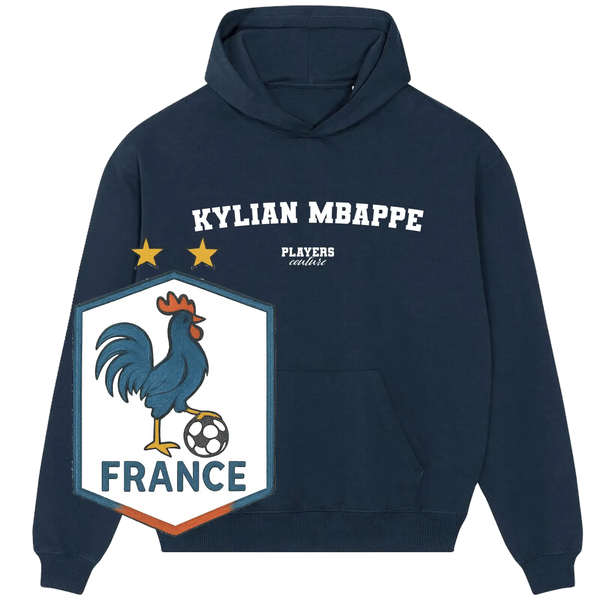 France football hoodie by Players Couture featuring Kylian Mbappe design and rooster emblem.