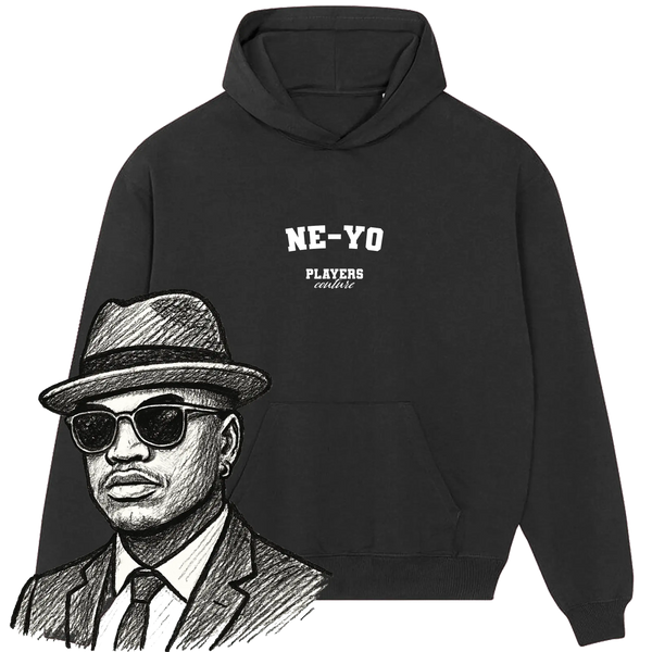 Black Players Couture hoodie with 'NE-YO' text and sketch of man in hat and sunglasses, sports fashion fanwear.