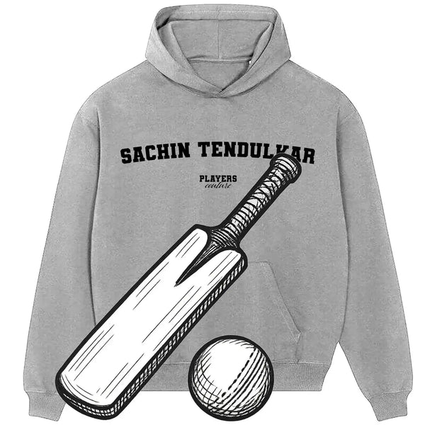 Gray Players Couture hoodie featuring Sachin Tendulkar text, with cricket bat and ball artwork