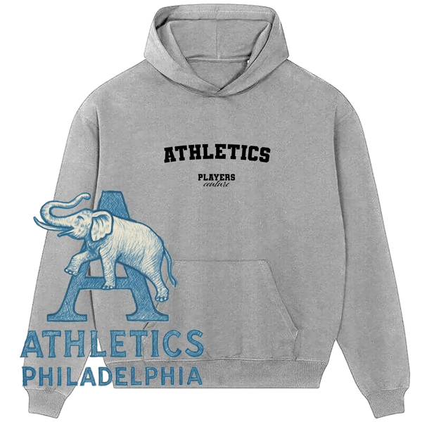 Gray Players Couture hoodie with black 'ATHLETICS' text, Philadelphia Athletics blue elephant logo