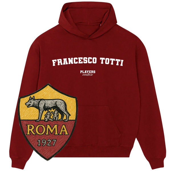 Maroon Players Couture hoodie featuring 'Francesco Totti' text and AS Roma 1927 crest.