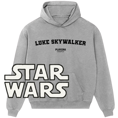 Gray Players Couture hoodie with Luke Skywalker text and bold Star Wars logo, sports fashion