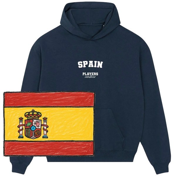 Navy Spain Players Couture hoodie with Spain flag, premium sports fan apparel