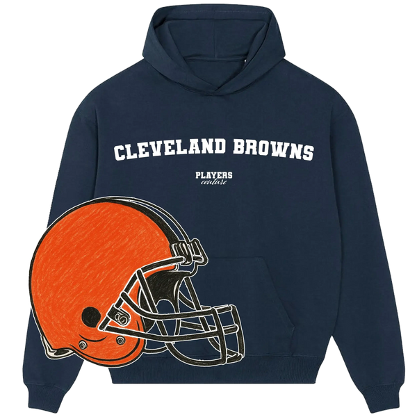 Navy Cleveland Browns Players Couture hoodie with orange football helmet graphic