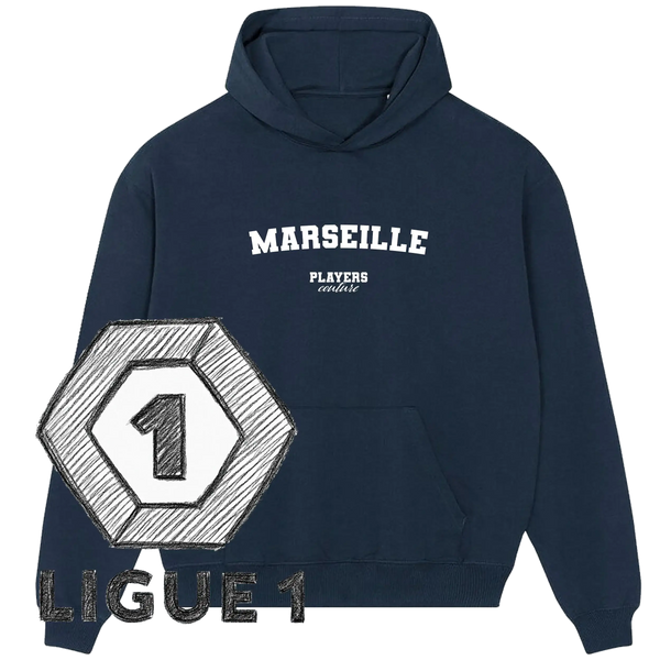 Navy Players Couture Marseille hoodie with Ligue 1 badge, premium sports fanwear.