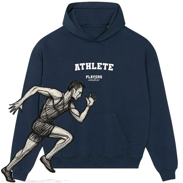 Players Couture navy hoodie with 'ATHLETE' text and sketch of a male runner, sports fashion apparel