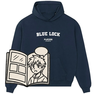 Navy Blue Lock hoodie by Players Couture with manga-style graphic overlay, trendy fanwear