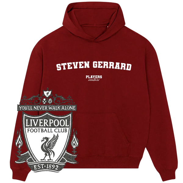Burgundy Steven Gerrard Players Couture hoodie with Liverpool FC crest, premium sports fanwear