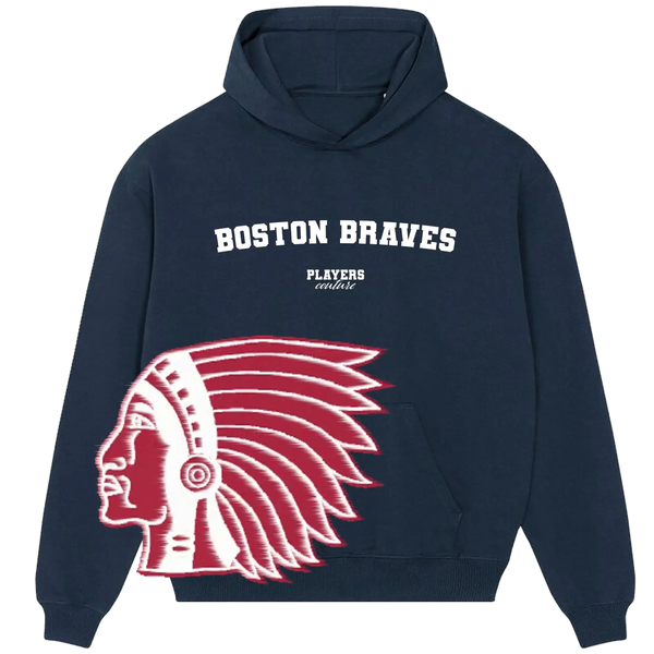 Players Couture Boston Braves navy hoodie with large red Native American profile graphic