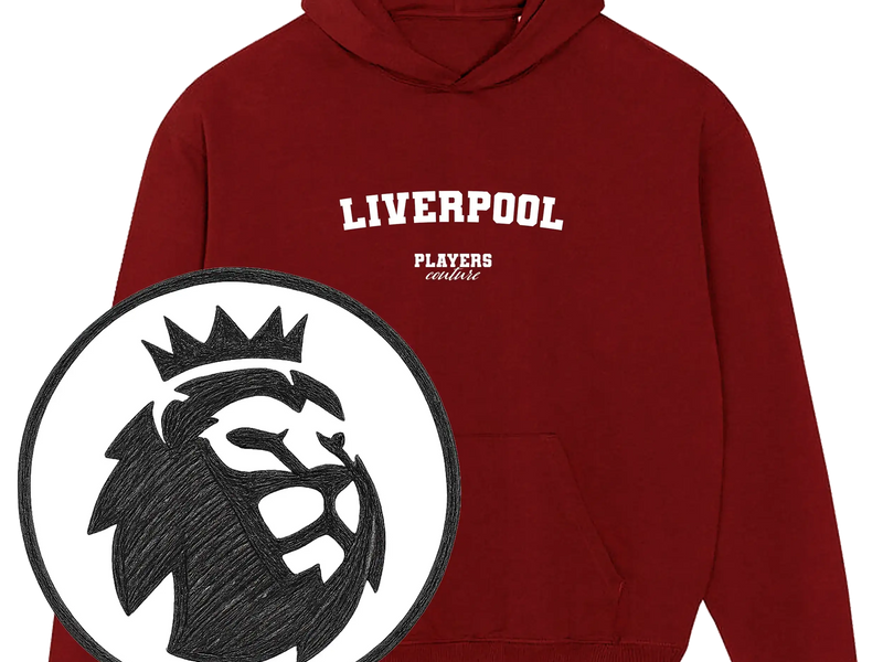 Liverpool Players Couture maroon hoodie with Premier League lion logo, sports fashion apparel