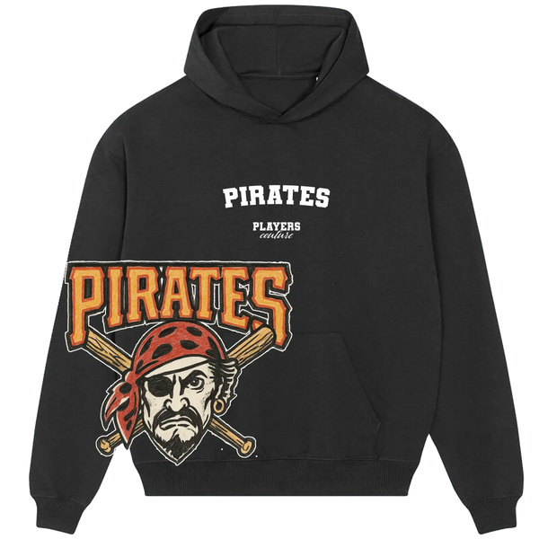 Black Players Couture Pirates hoodie with bold white text and vintage pirate graphic logo.