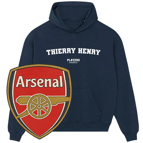 Navy Thierry Henry Players Couture hoodie with Arsenal crest, premium sports fanwear.
