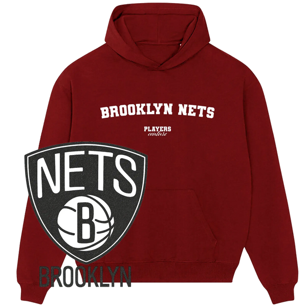 Maroon Brooklyn Nets Players Couture hoodie with team logo, premium sports fashion fanwear.