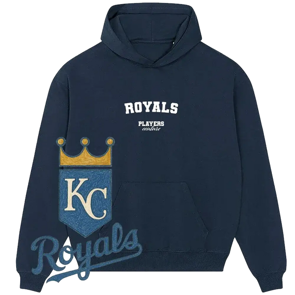 Navy blue Royals Players Couture hoodie with KC crown logo, premium sports fanwear apparel
