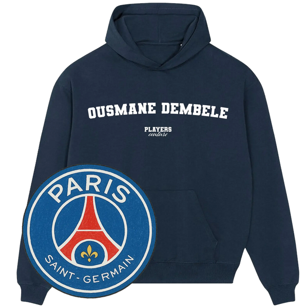 Navy Ousmane Dembele Players Couture hoodie with Paris Saint-Germain logo, premium fanwear