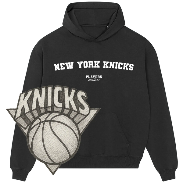Black New York Knicks hoodie by Players Couture with large Knicks basketball logo overlay