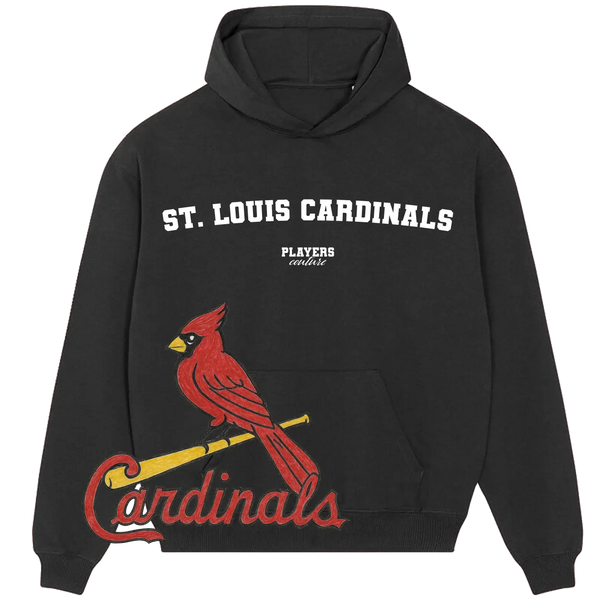 Black hoodie with St. Louis Cardinals logo, red cardinal on bat, Players Couture branding