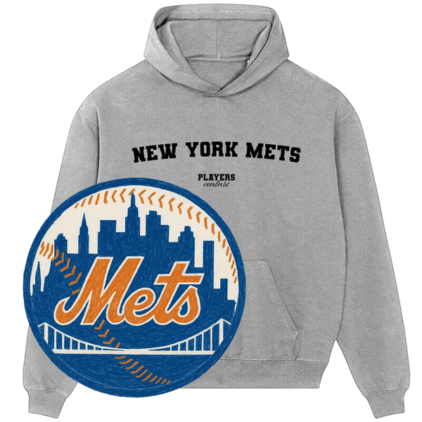 Grey New York Mets hoodie by Players Couture with Mets logo patch, sports fashion apparel