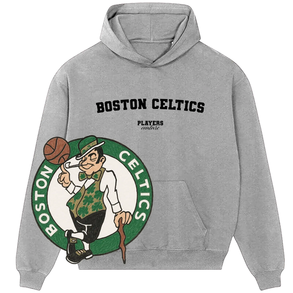 Grey Players Couture Boston Celtics hoodie with team logo and premium sports fanwear design