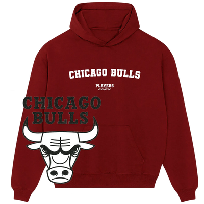 Chicago Bulls maroon hoodie by Players Couture with team name and bull logo, premium sportswear