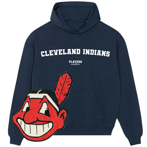 Navy Players Couture Cleveland Indians hoodie with retro mascot and bold team lettering.