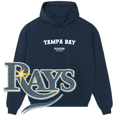 Navy Tampa Bay Rays hoodie by Players Couture, featuring bold team and brand logos.