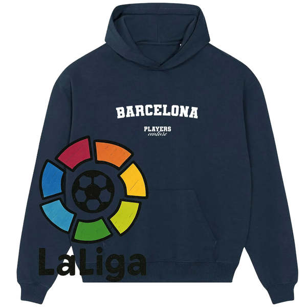 Navy Players Couture Barcelona hoodie with LaLiga logo, premium sports fanwear apparel