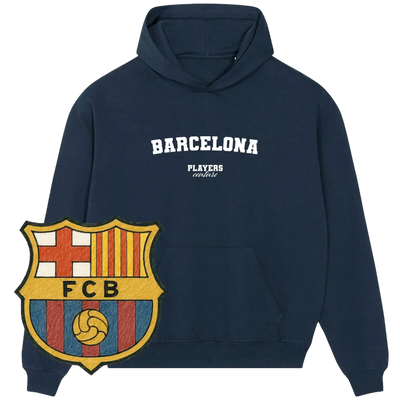 Navy Barcelona Players Couture hoodie with FCB crest, premium sports fanwear for men.