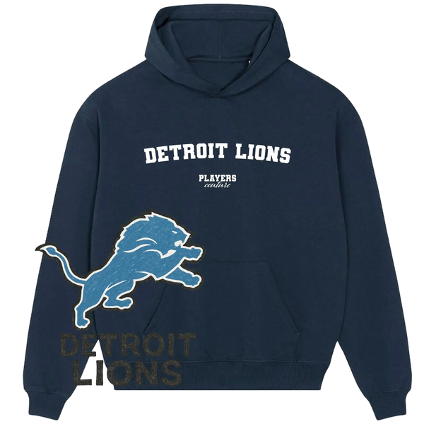 Navy Detroit Lions hoodie by Players Couture with team logo and bold white lettering.