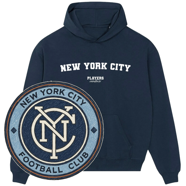 Navy blue New York City hoodie by Players Couture with NYCFC soccer club logo overlay.