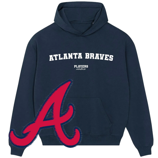 Atlanta Braves navy hoodie with Players Couture branding and bold red A logo, sports fanwear