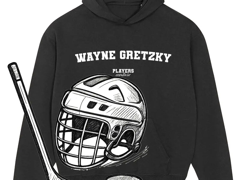 Black Players Couture Wayne Gretzky hoodie with hockey helmet, stick, and puck graphic