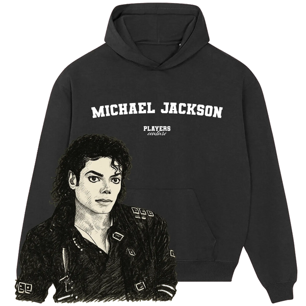 Black Players Couture hoodie with 'Michael Jackson' text and artistic sketch illustration.