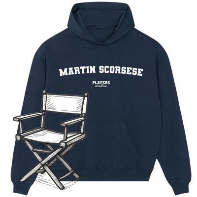 Navy Players Couture hoodie with 'Martin Scorsese' text and a director's chair graphic