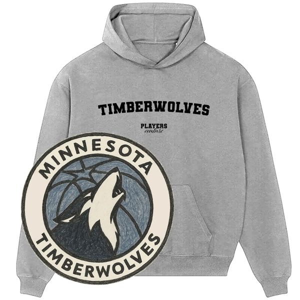 Minnesota Timberwolves Players Couture grey hoodie with team logo patch, sports fan apparel.