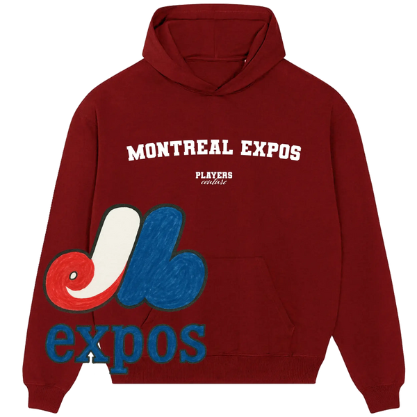 Maroon Montreal Expos hoodie by Players Couture with team logo and bold white lettering