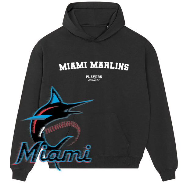 Black Players Couture Miami Marlins hoodie with team logo and bold white text