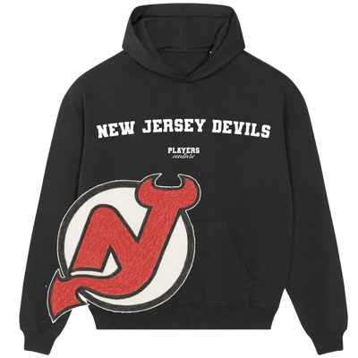 Black New Jersey Devils hoodie with Players Couture branding and large red team logo