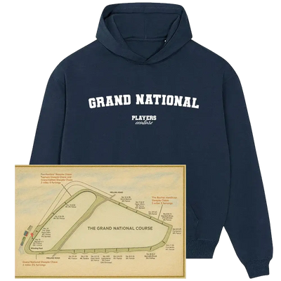 Navy Players Couture Grand National hoodie with vintage racecourse map overlay, sports fashion