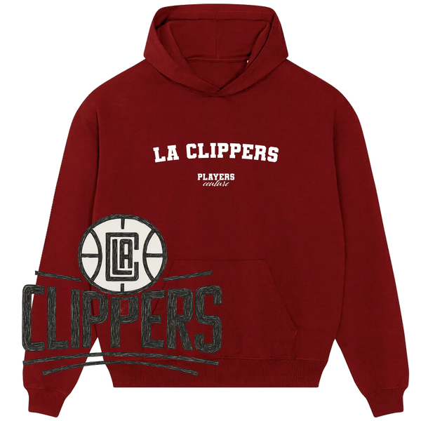 Maroon LA Clippers hoodie by Players Couture with bold white lettering and team logo.
