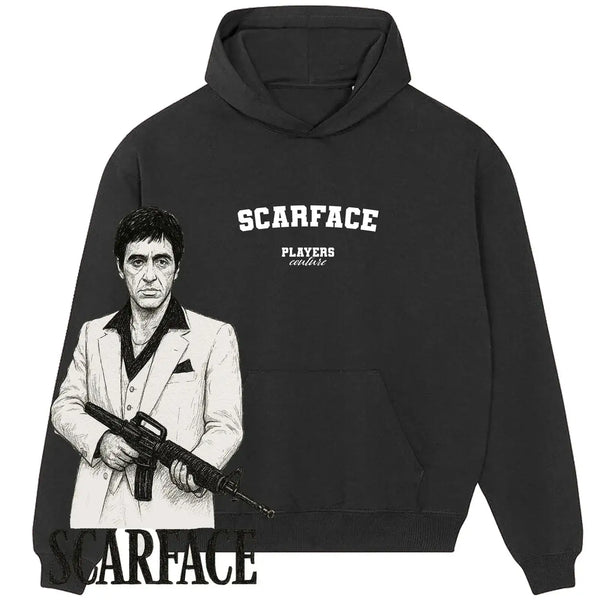 Black Players Couture hoodie with Scarface graphic and bold white text, sports fashion apparel