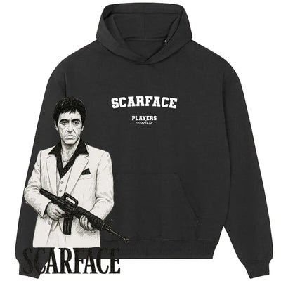 Black Players Couture hoodie with Scarface graphic and bold white text, sports fashion apparel