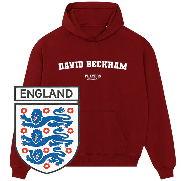 Maroon Players Couture hoodie with David Beckham text and England football crest, sports fashion apparel