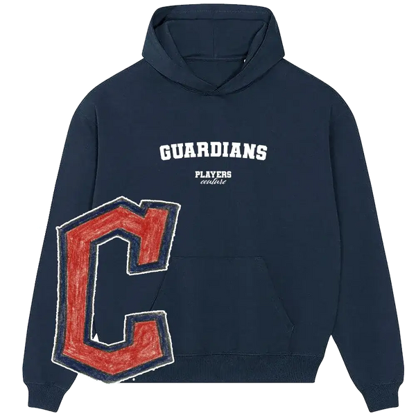 Navy blue Guardians Players Couture hoodie with bold red varsity C patch, sports fanwear.
