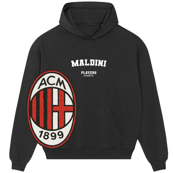 Black Players Couture hoodie featuring Maldini text and AC Milan 1899 logo, sports fanwear