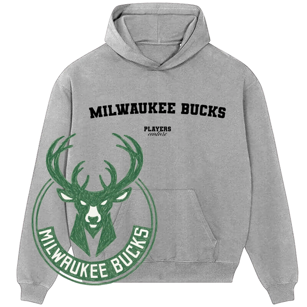 Milwaukee Bucks grey hoodie by Players Couture with team logo and bold sports lettering.