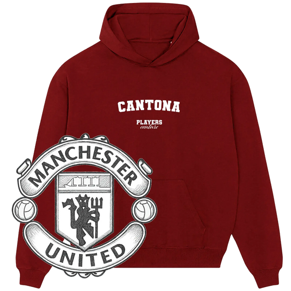 Maroon Players Couture Cantona hoodie with Manchester United crest, premium fanwear apparel